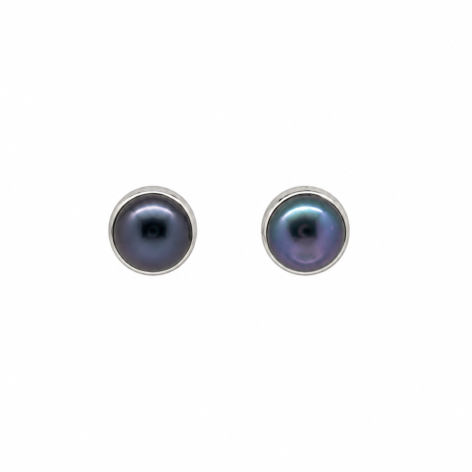 8mm bezel black pearl stud earrings in sterling silver