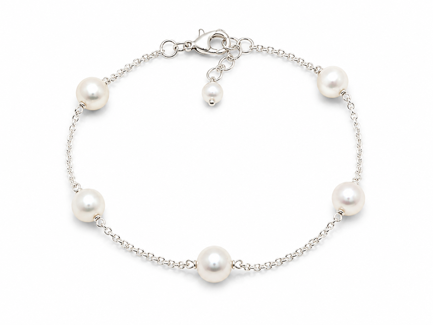 Alana Pearl Bracelet Silver with genuine freshwater pearls evenly spaced along a delicate 925 sterling silver chain