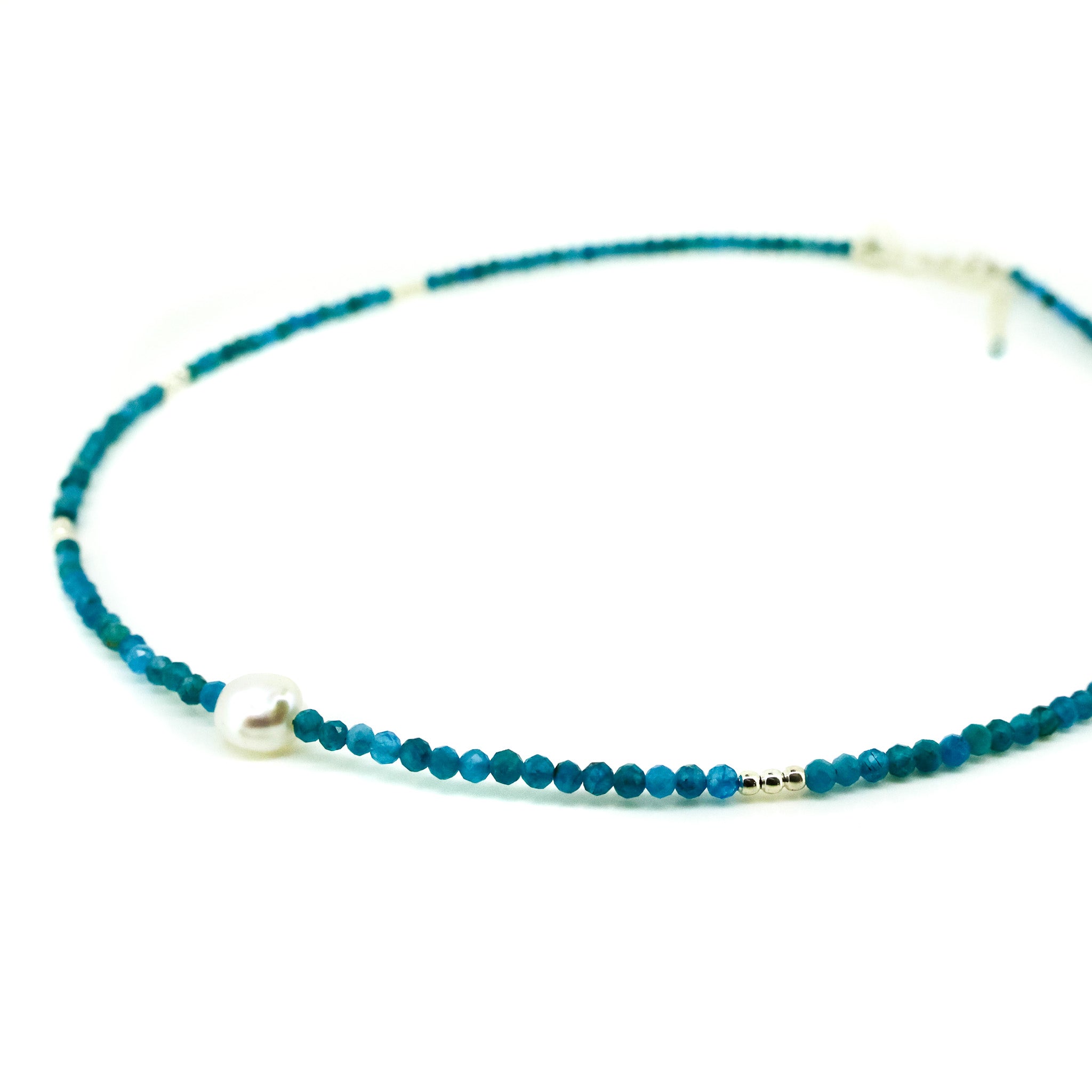 blue beaded becklace with pearls and silver beads