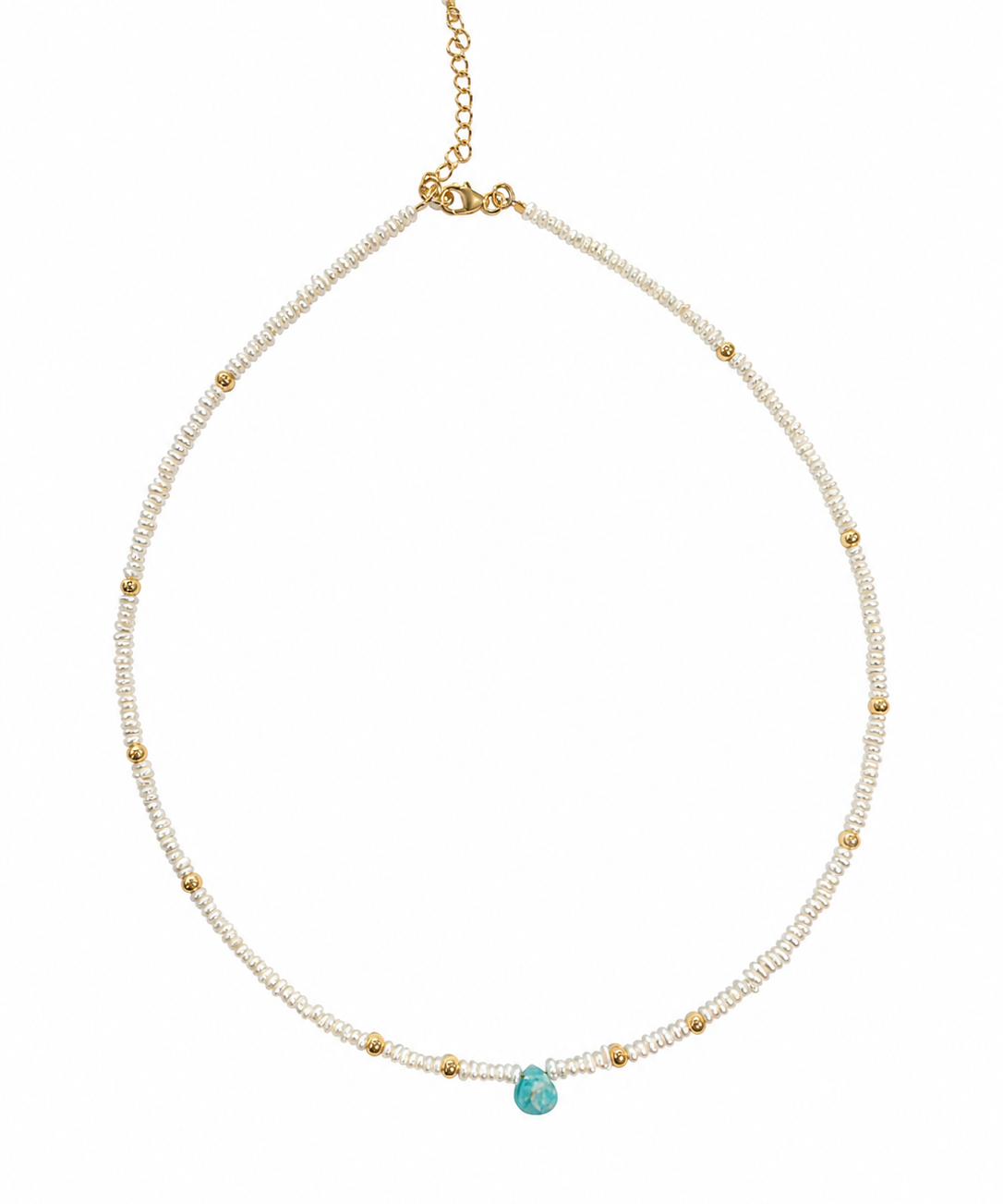 Delicate white pearl beaded necklace with gold spacer beads and a small turquoise teardrop pendant 