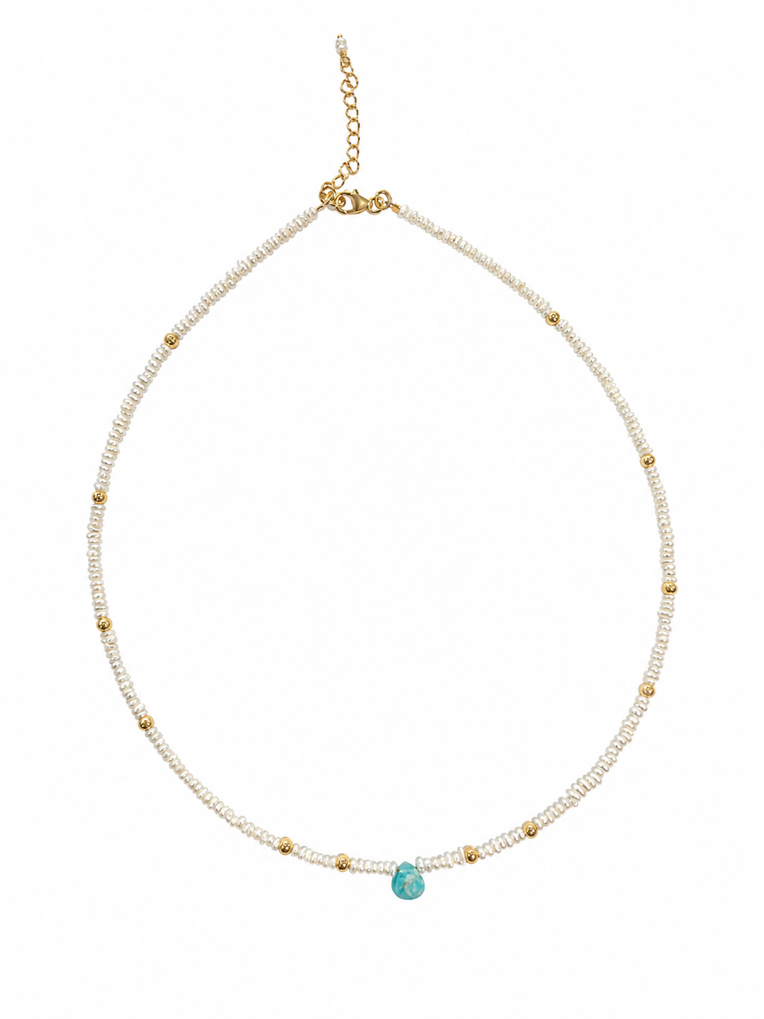 Delicate white pearl beaded necklace with gold spacer beads and a small turquoise teardrop pendant 