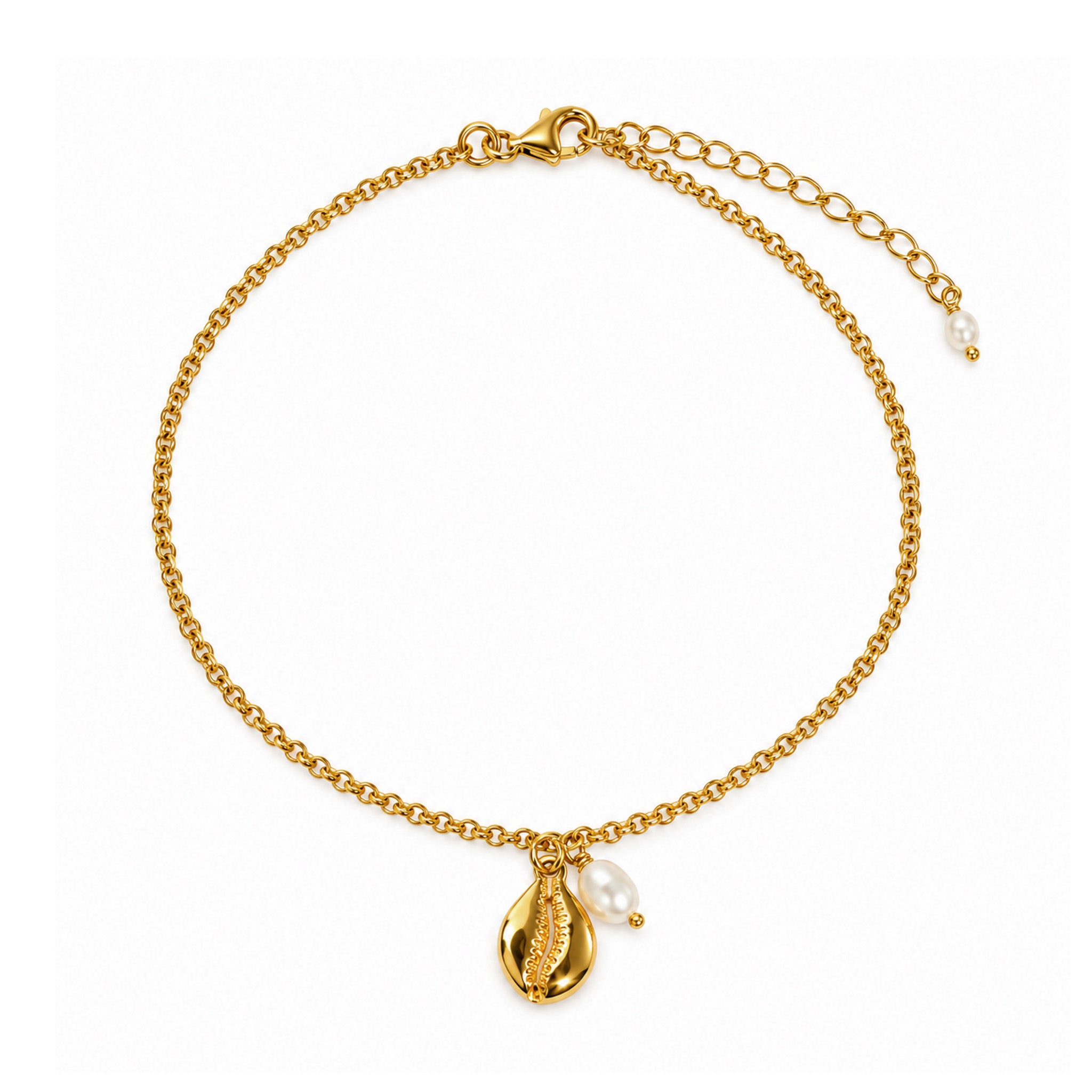 Beach Love Shell Pearl Anklet in gold vermeil featuring a cowrie shell charm, freshwater pearl and adjustable gold chain by Lush Designs Jewellery.