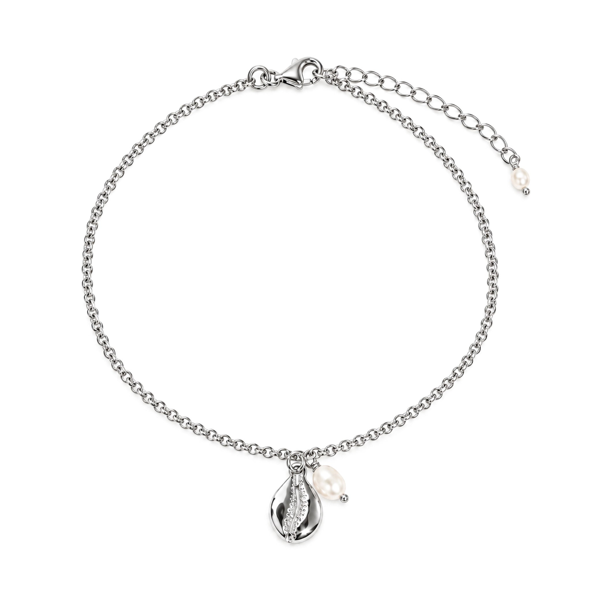 A silver chain anklet featuring a cowrie shell shaped silver pendant with a textured centre, accented by one small white pearl, shown on a plain white background.
