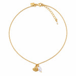 Beach Love Shell Pearl Anklet Gold Vermeil by Lush Designs Jewellery featuring a gold seashell charm, white freshwater pearl drop, delicate adjustable gold chain and LUSH tag.