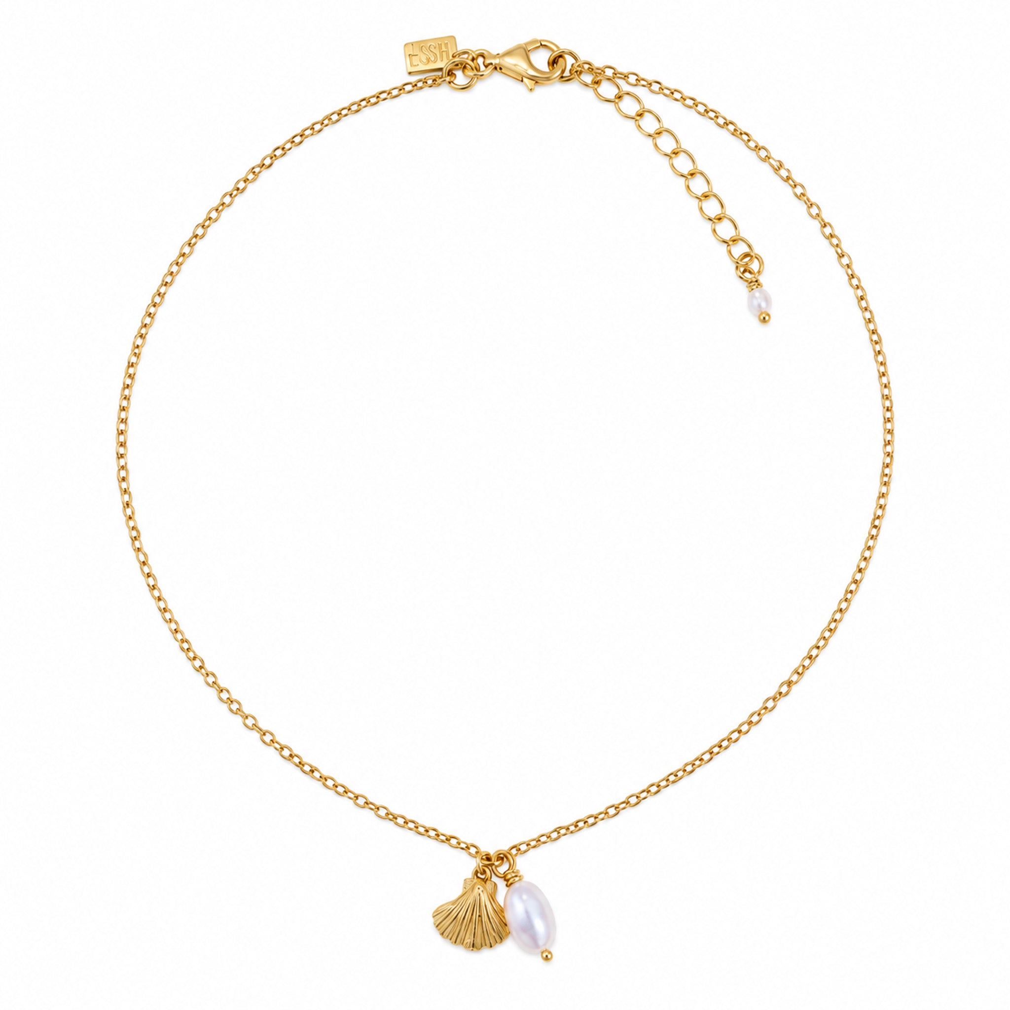Beach Love Shell Pearl Anklet Gold Vermeil by Lush Designs Jewellery featuring a gold seashell charm, white freshwater pearl drop, delicate adjustable gold chain and LUSH tag.