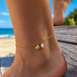 Beach Love Shell Pearl Anklet Gold Vermeil by Lush Designs Jewellery featuring a gold seashell charm, white freshwater pearl drop, delicate adjustable gold chain and LUSH tag.