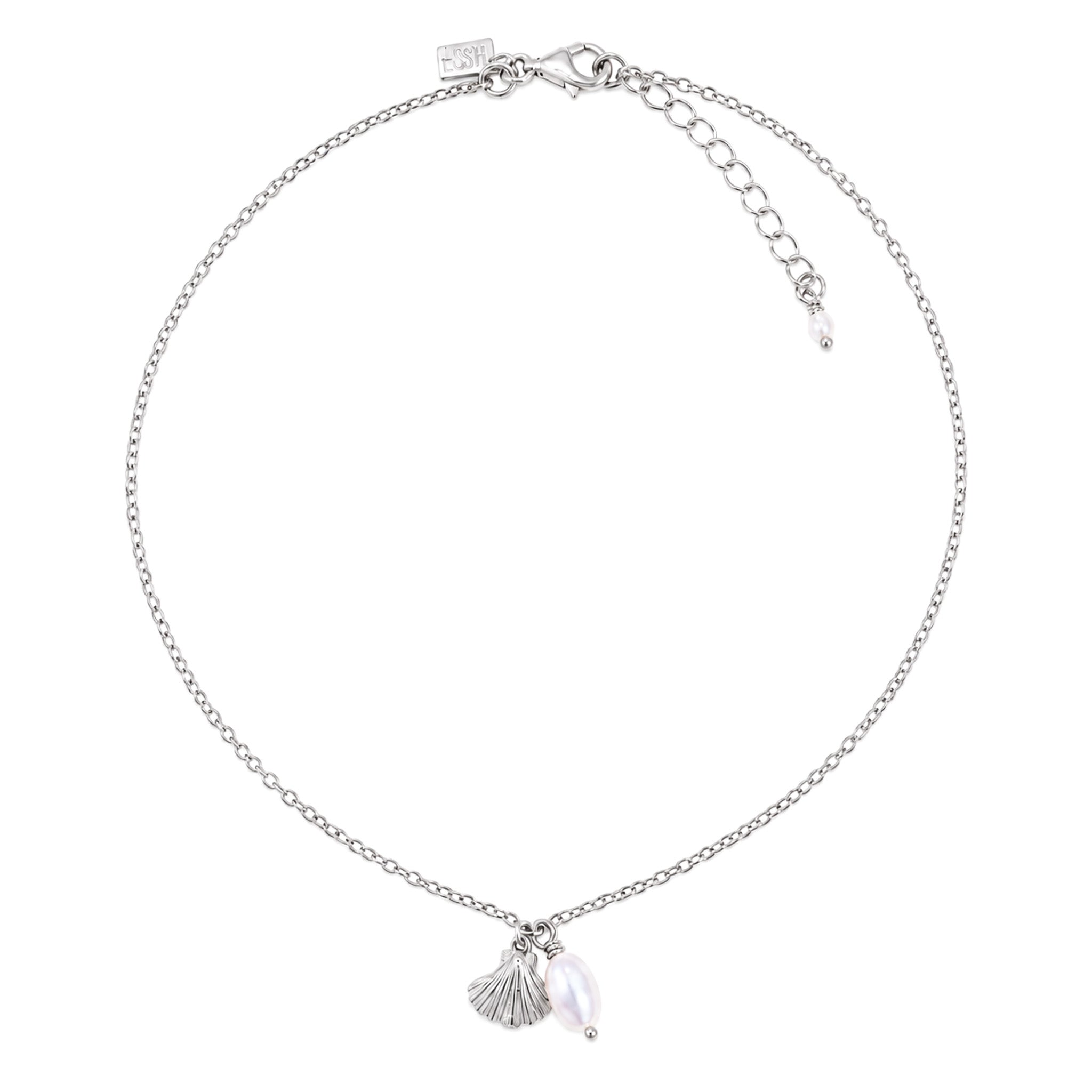 Beach Love Shell Pearl Anklet Silver by Lush Designs Jewellery featuring a sterling silver seashell charm, white freshwater pearl drop, delicate adjustable chain and LUSH tag on a white background.