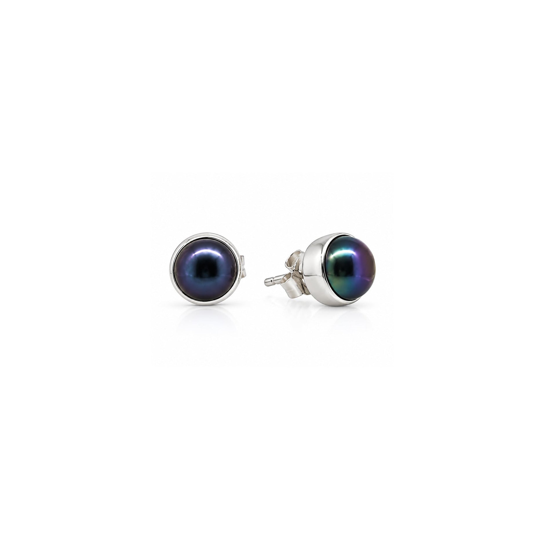 Sterling silver bezel black pearl stud earrings 8mm side view