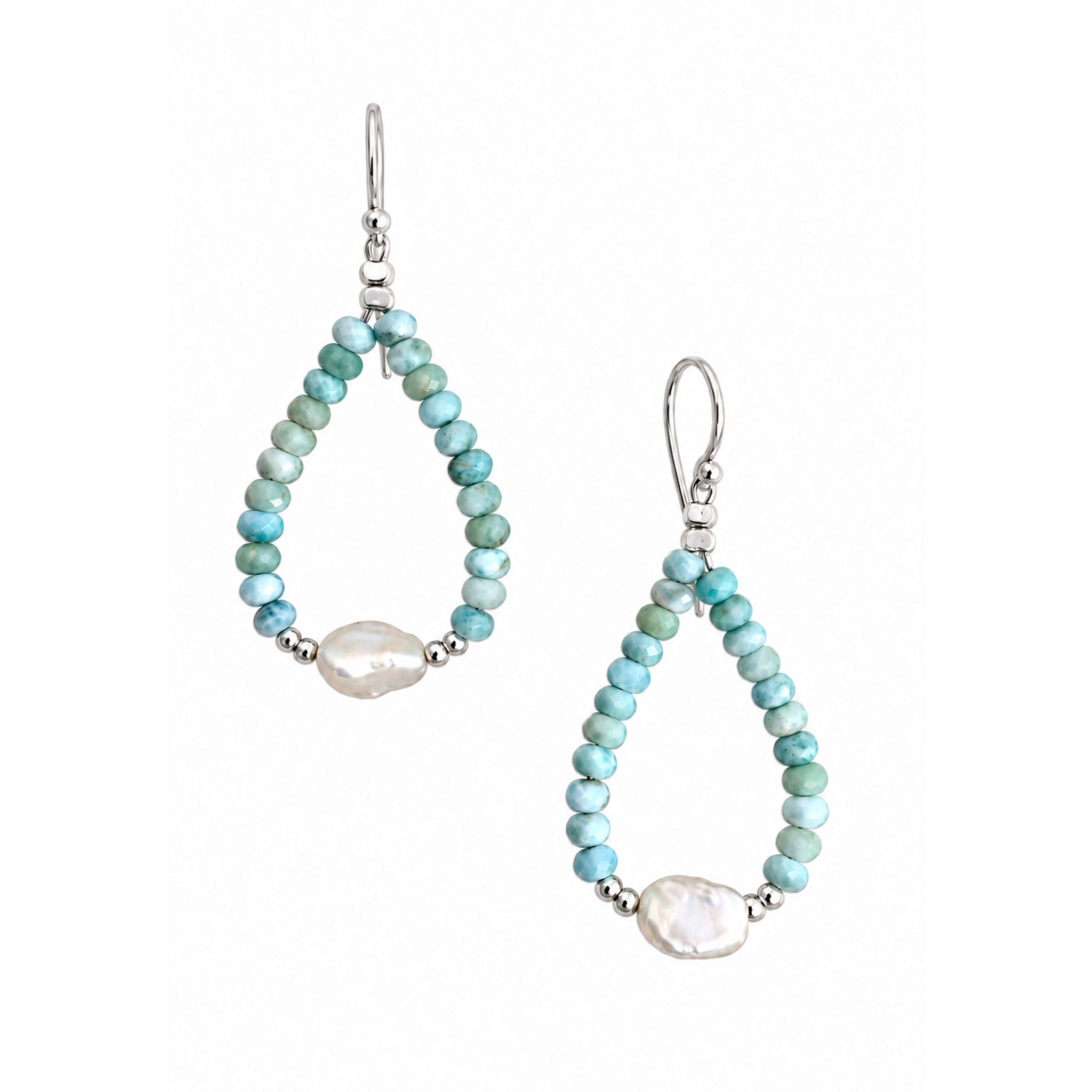 larimar gemstone earrings with a central keshi pearl large bold hooks
