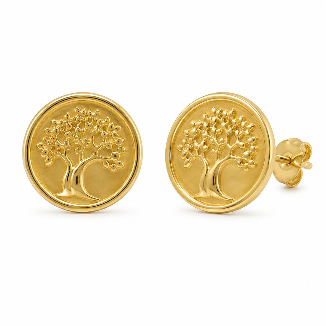 Gold vermeil Boab Tree stud earrings featuring an intricate Australian boab tree design, designed in Broome, Western Australia.