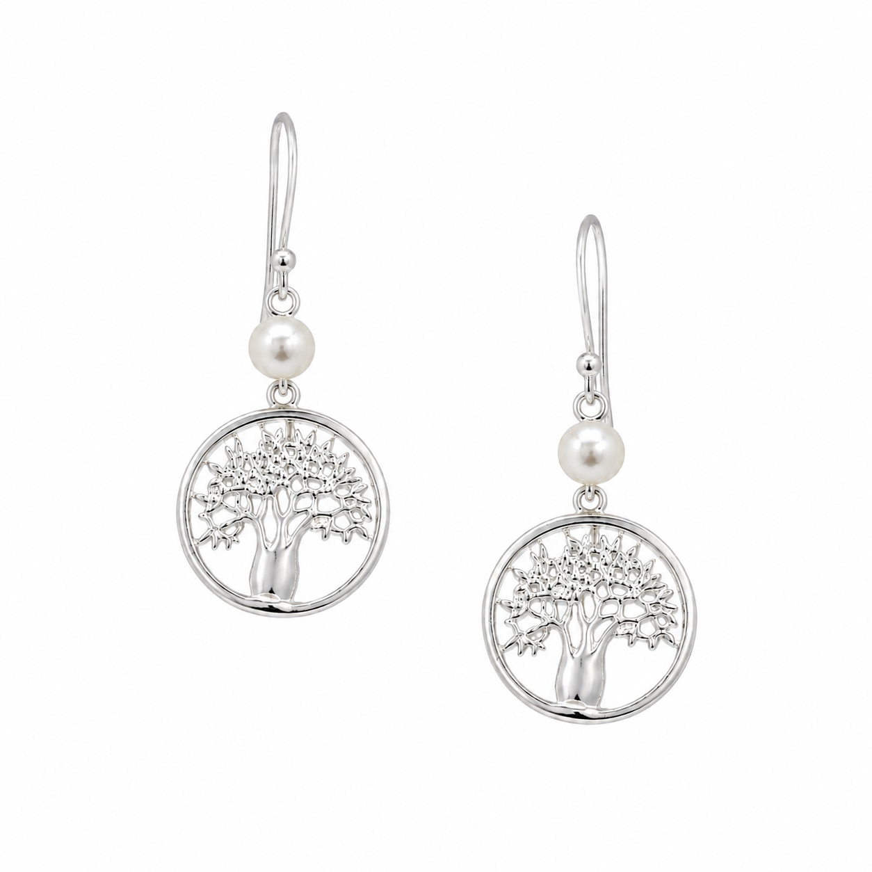 Boab Circle of Life earrings in 925 sterling silver with bezel set freshwater pearl designed in Broome Western Australia