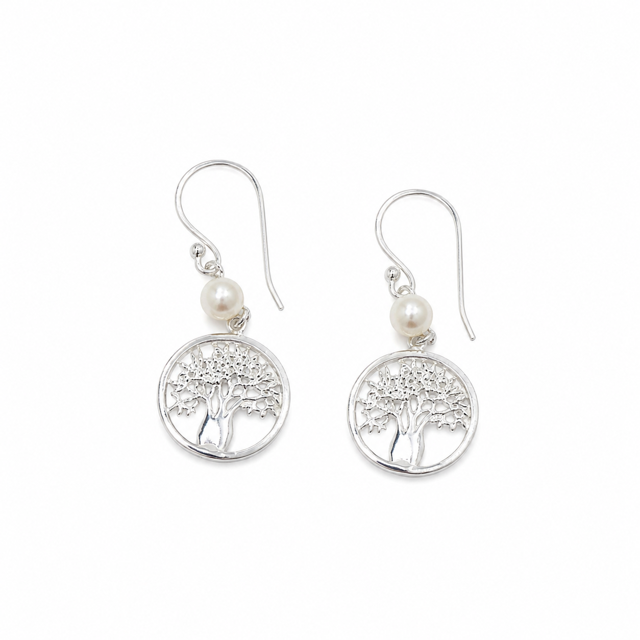 Boab Circle of Life earrings in 925 sterling silver with bezel set freshwater pearl designed in Broome Western Australia