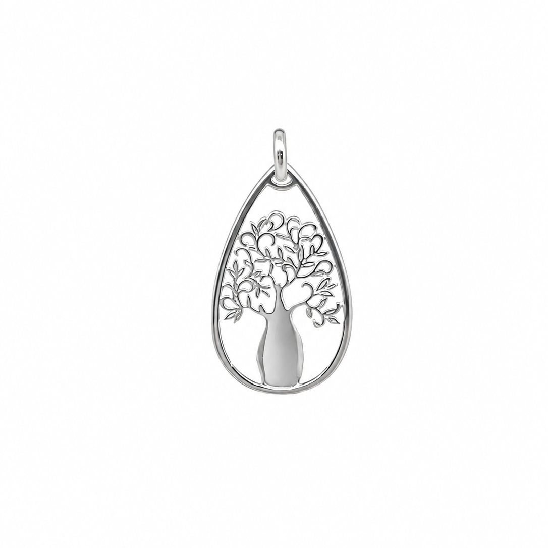 A silver teardrop-shaped pendant featuring a tree of life design with a vase-like trunk