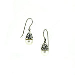 Vintage style silver pearl earrings with ornate cap