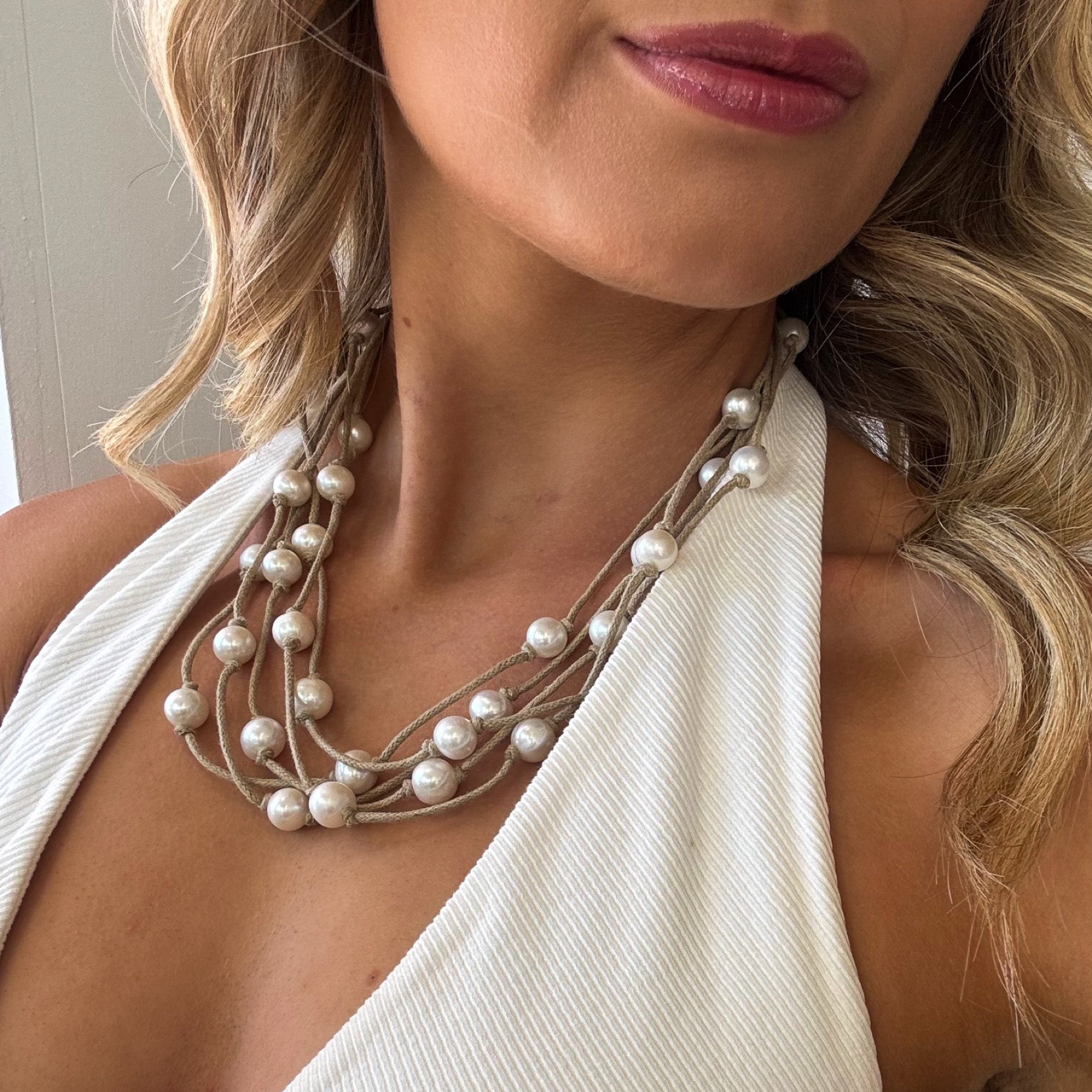 Australian beach pearl necklace camel cord freshwater pearls Broome design