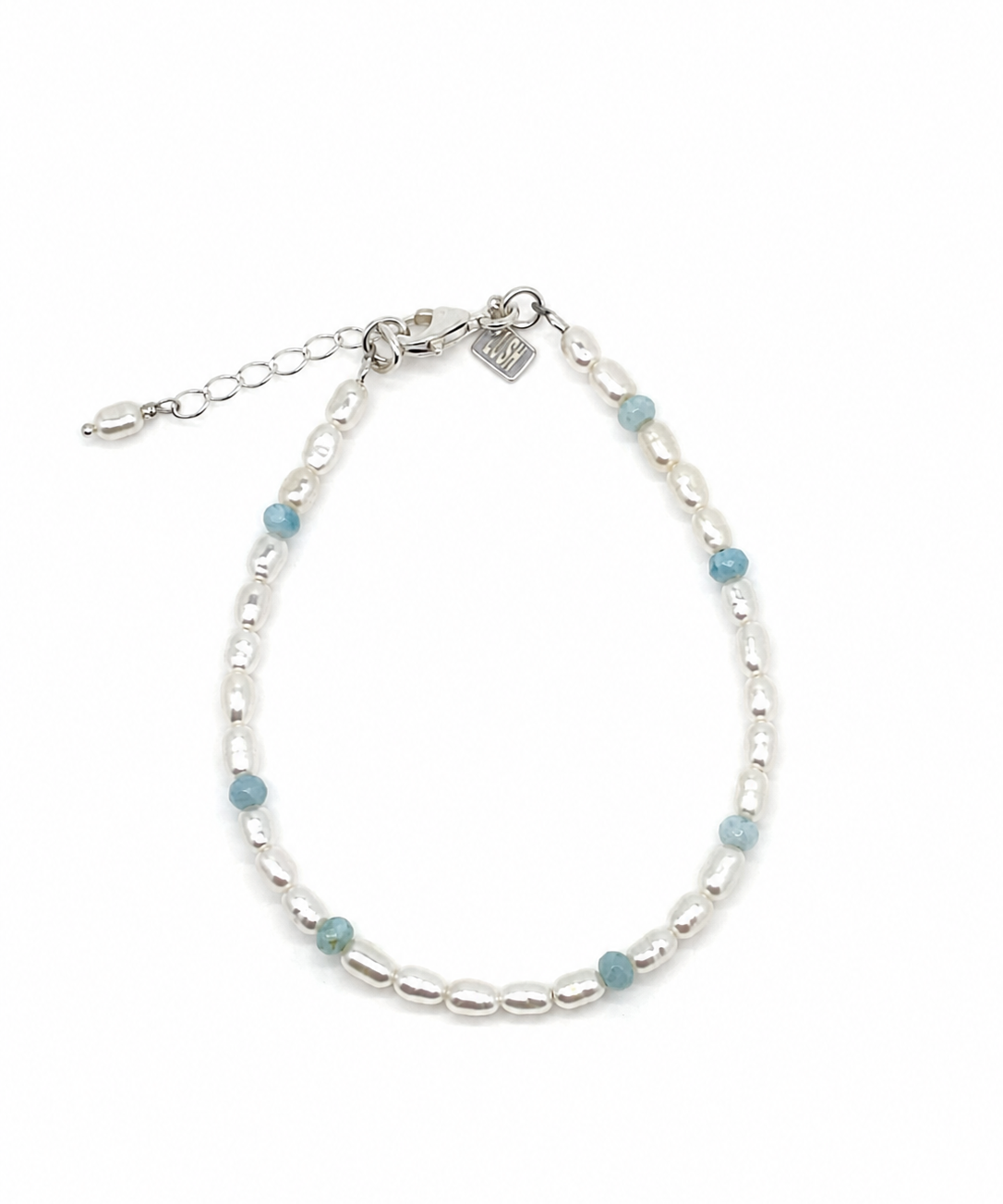 Boho Pearl Larimar Bracelet Silver featuring genuine freshwater seed pearls, soft blue larimar gemstones, sterling silver clasp, and adjustable chain. 