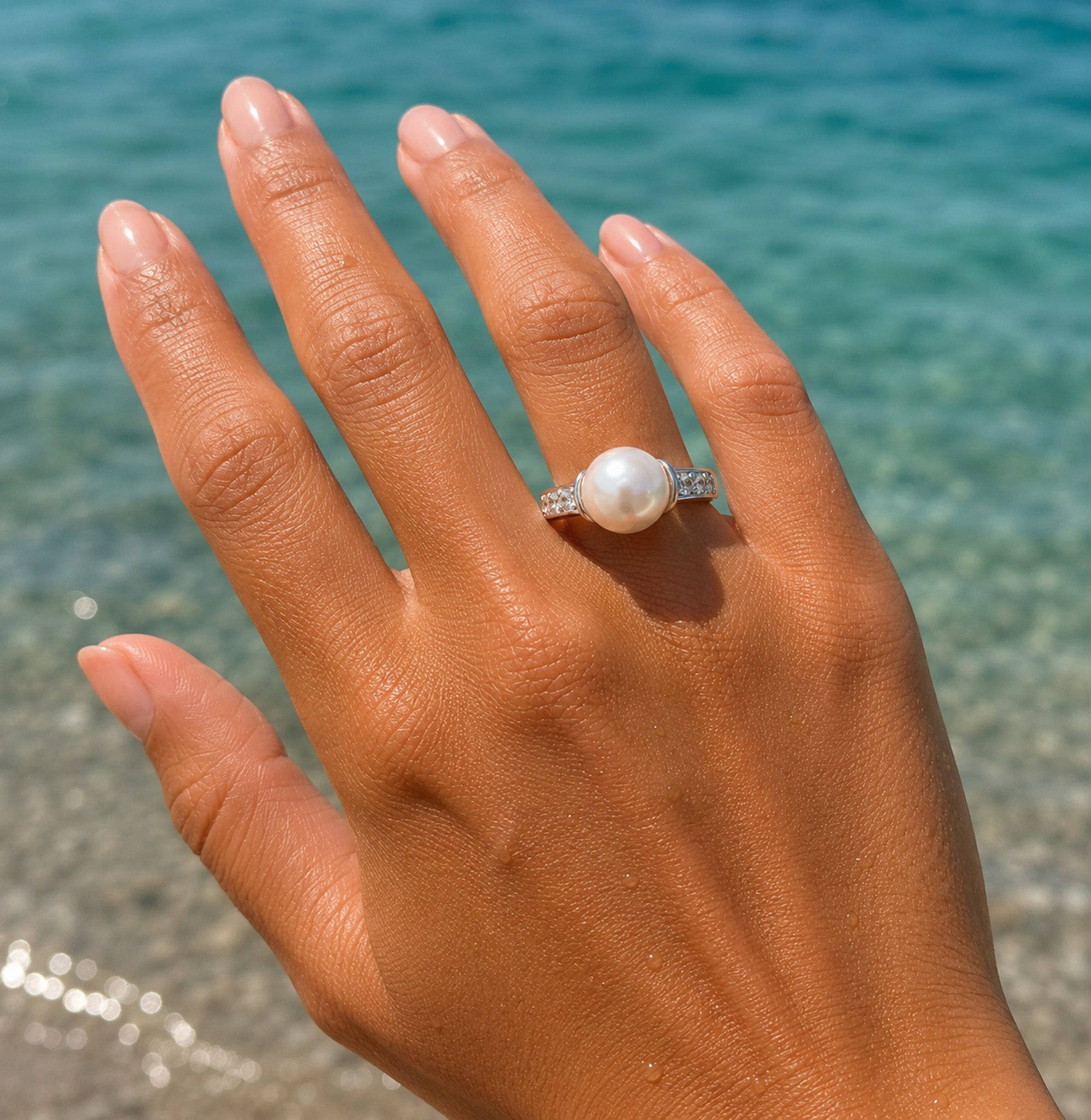 cubic zirconia and pearl dress ring designed in broome Western Australia