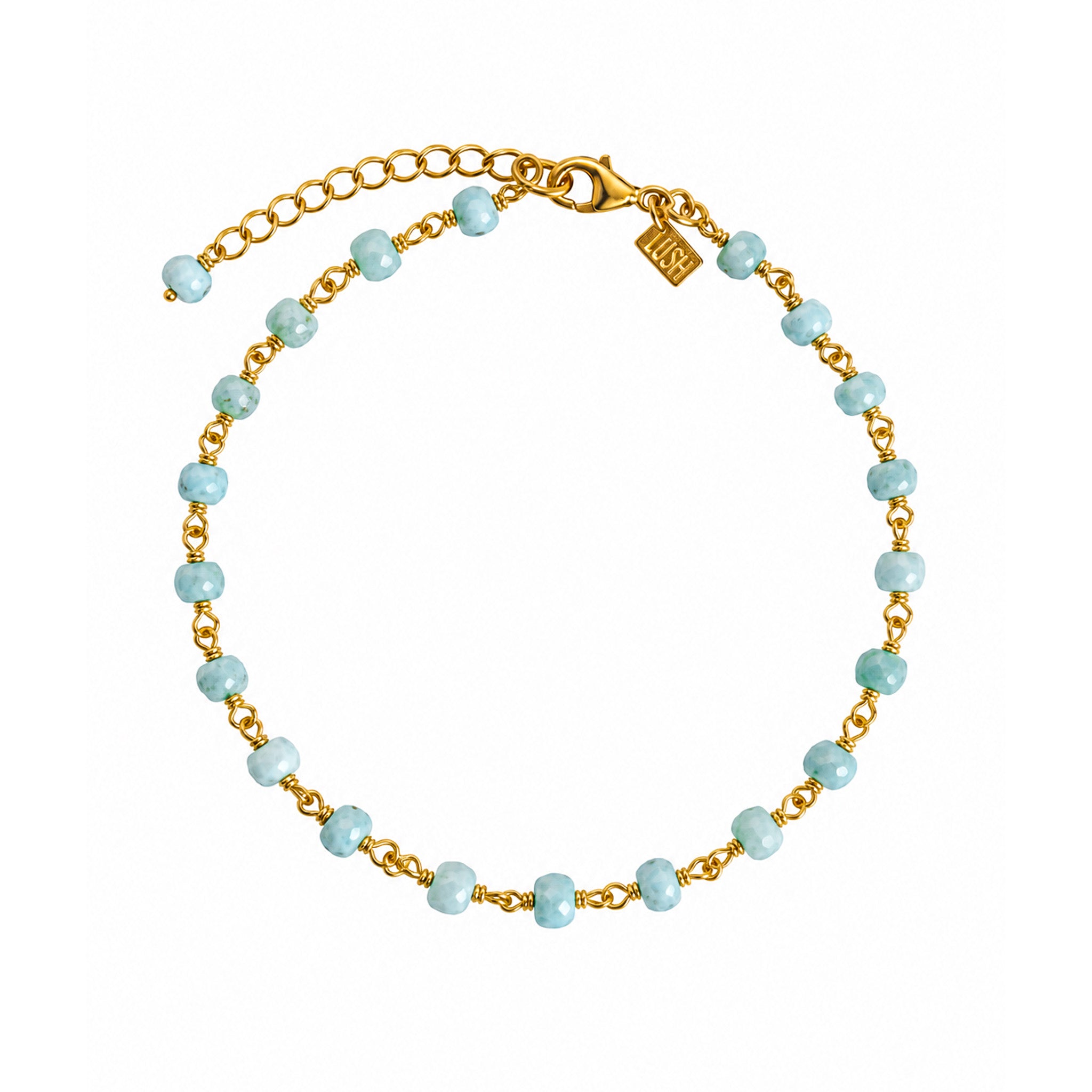 Caribbean Dreams Larimar Anklet Gold featuring blue larimar gemstones and 18k gold vermeil over sterling silver by Lush Designs Jewellery
