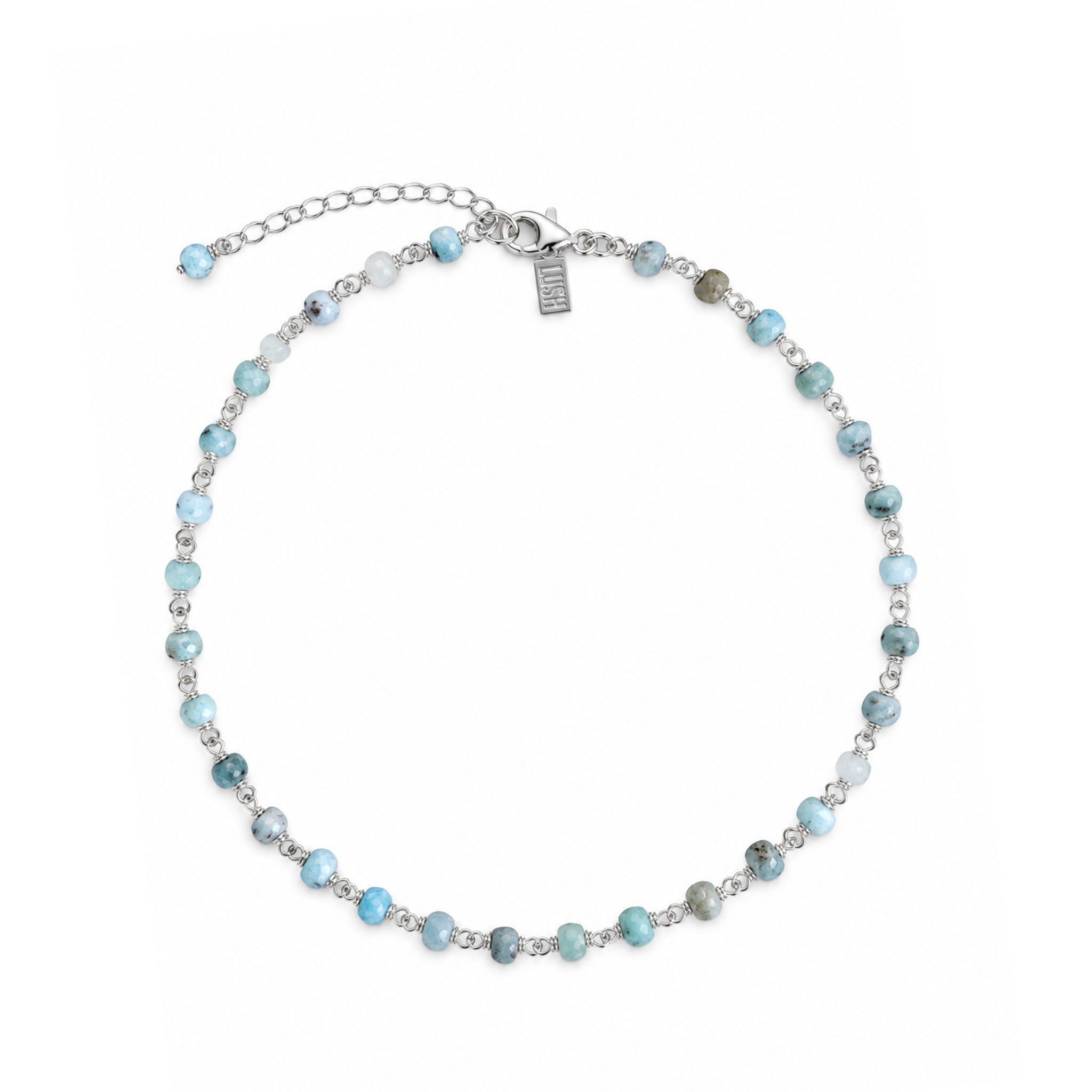 Caribbean Dreams Larimar Anklet Silver by Lush Designs Jewellery featuring natural blue and turquoise larimar gemstone beads, sterling silver links and adjustable clasp with LUSH tag on a white background.