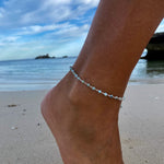 Caribbean Dreams Larimar Anklet Silver by Lush Designs Jewellery featuring natural blue and turquoise larimar gemstone beads, sterling silver links and adjustable clasp with LUSH tag on a white background.
