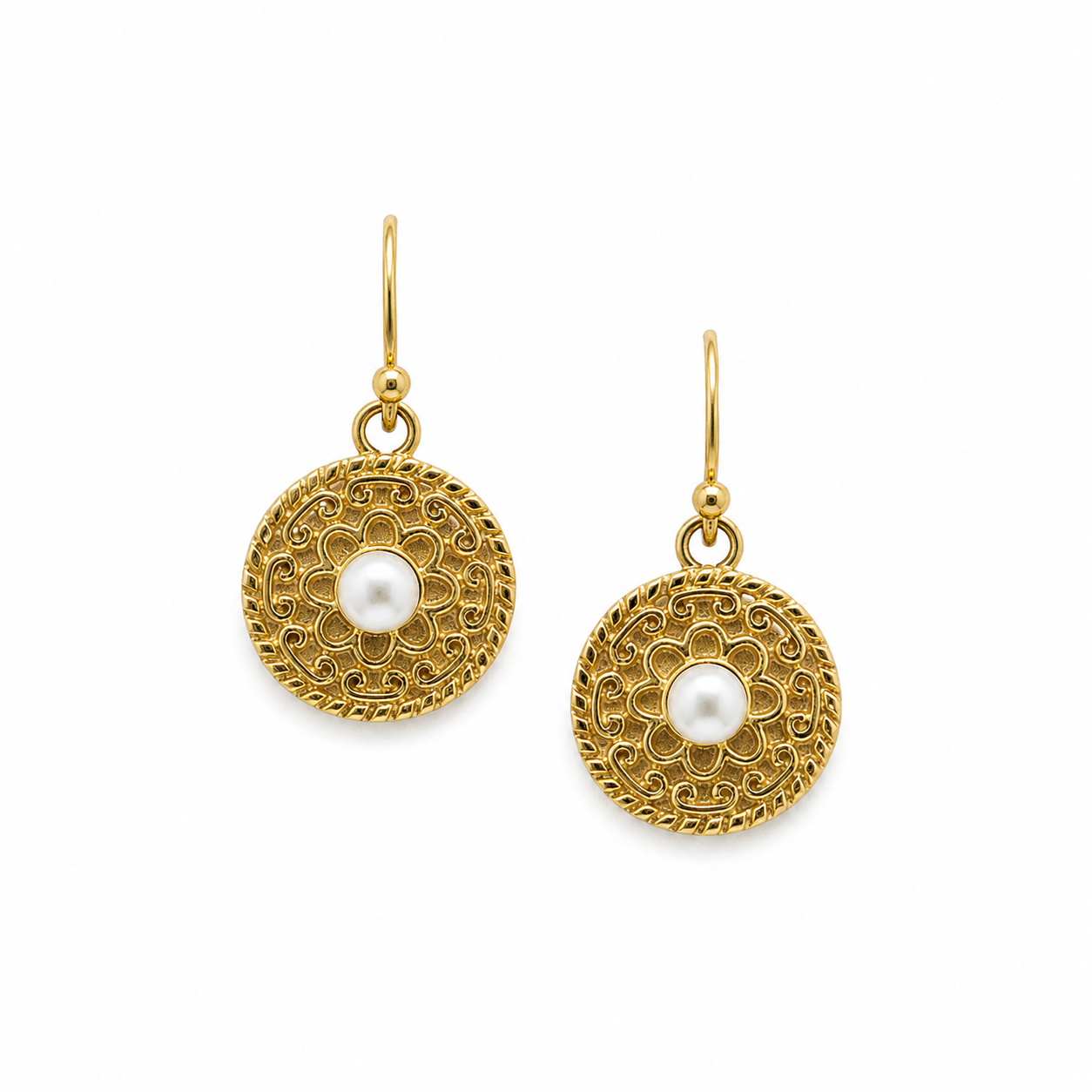 Chinatown Ladies pearl drop earrings in gold with ornate filigree detailing and white pearl centres.