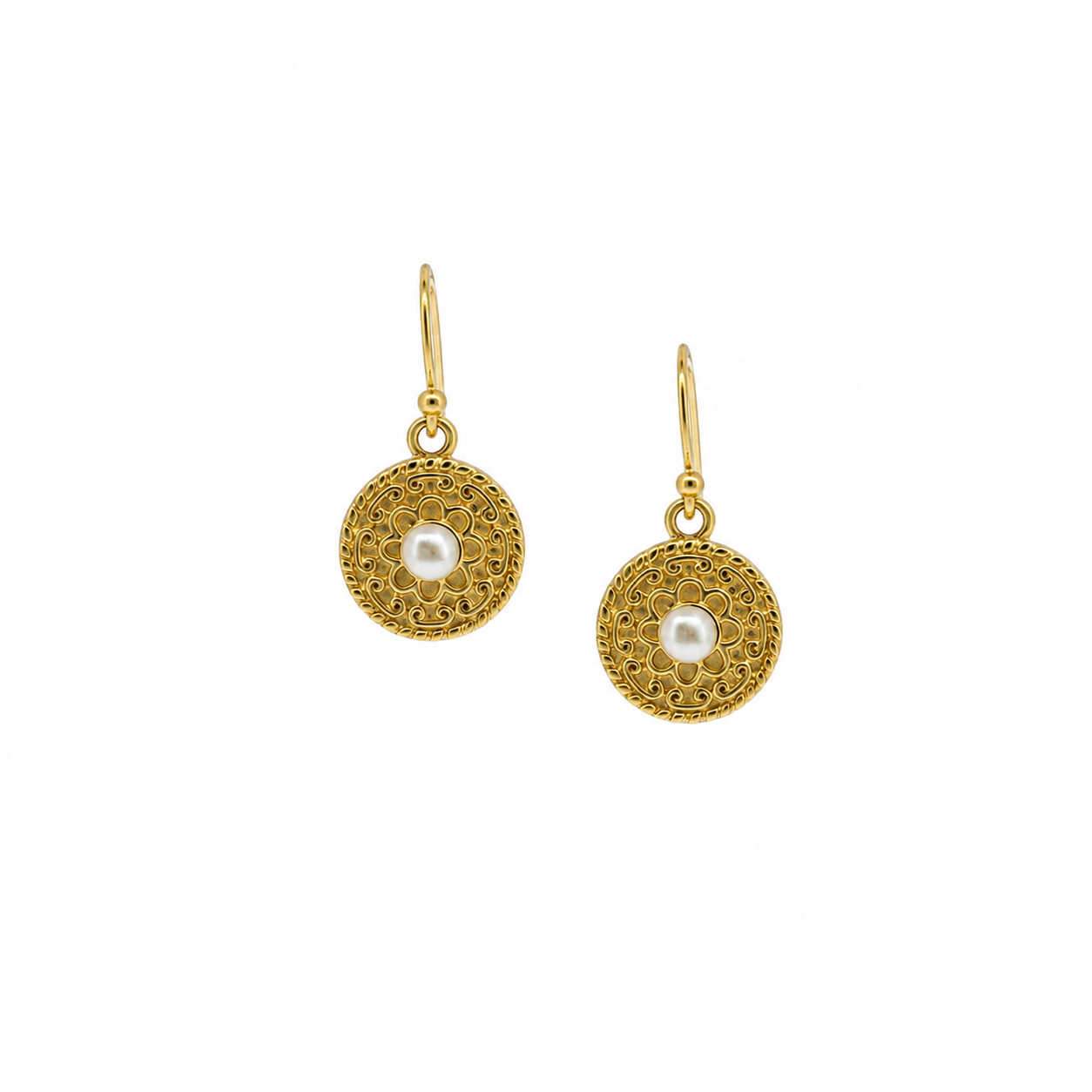 Chinatown Ladies pearl drop earrings in gold with ornate filigree detailing and white pearl centres.