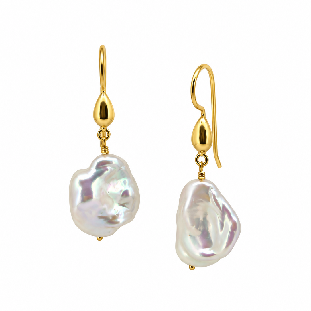 Coastal Dew Drop 15mm Baroque Pearl Hook Earrings Gold featuring large luminous white freshwater pearls and gold vermeil hooks by Lush Designs.
