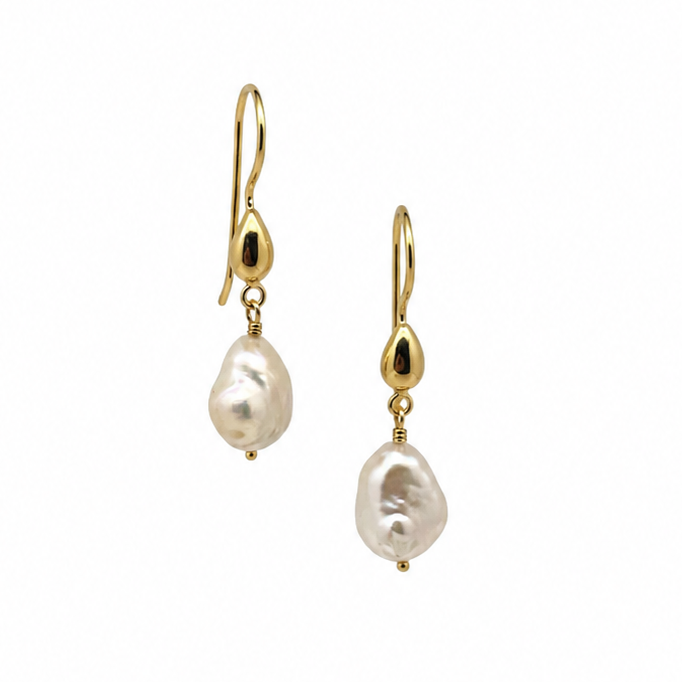 Coastal Dew Drop 12mm baroque pearl hook earrings in gold vermeil by Lush Designs Jewellery Australia