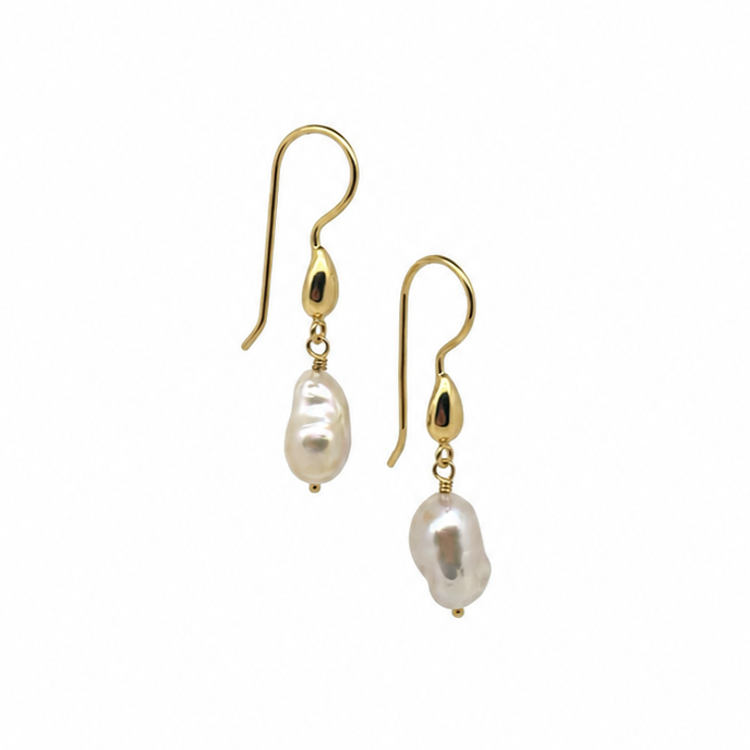 Coastal Dew Drop 12mm side view baroque pearl hook earrings in gold vermeil by Lush Designs Jewellery Australia