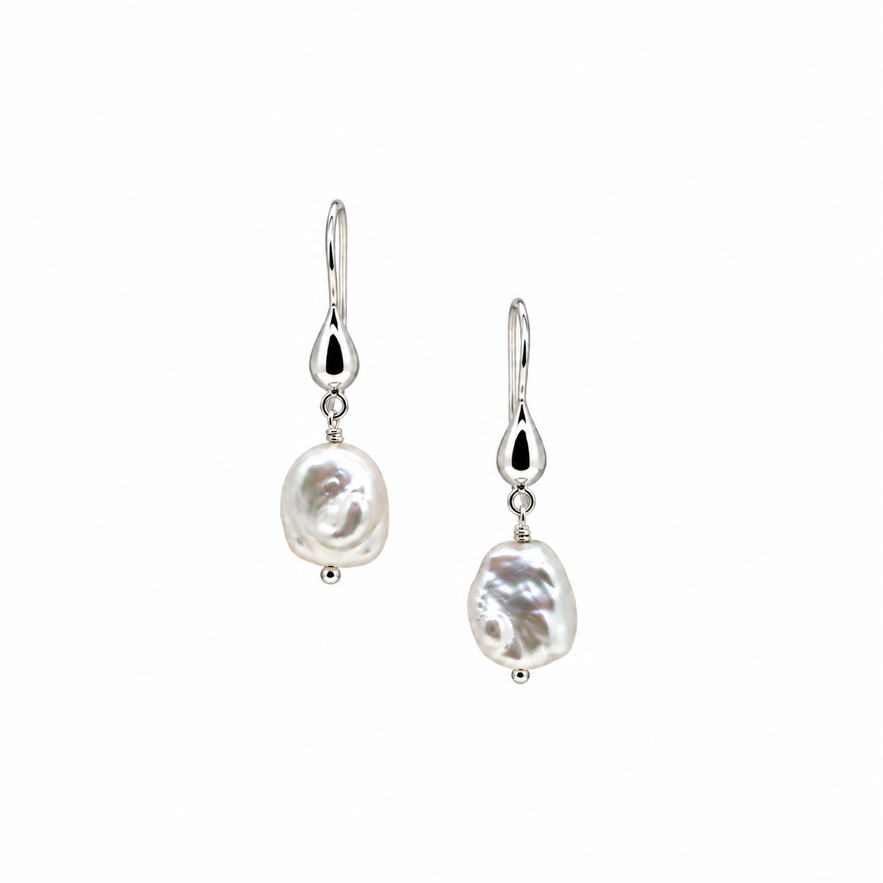 Coastal Dew Drop Baroque Pearl 12mm Hook Earrings in Sterling Silver with natural freshwater pearls by Lush Designs Jewellery Australia.
