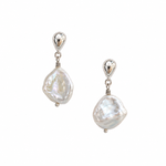 Irregular white baroque freshwater pearl drop earrings with polished silver teardrop studs, by Lush Designs Jewellery Australia.