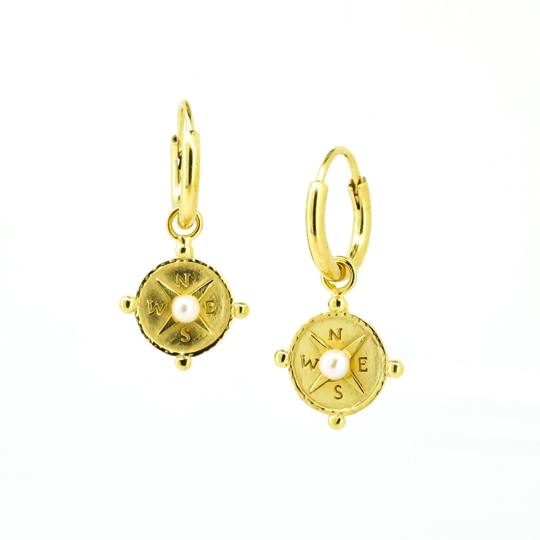 Compass sleeper earrings gold with freshwater pearl nautical jewellery designed in Broome Australia