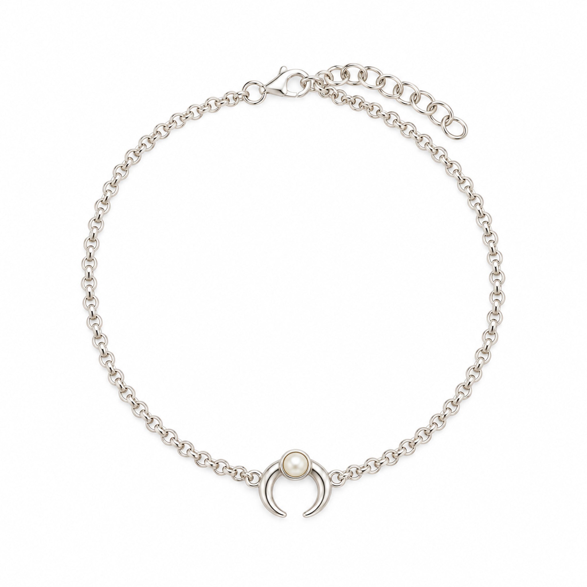 Crescent Moon Pearl Anklet in 925 sterling silver featuring a delicate moon charm, freshwater pearl and adjustable silver chain by Lush Designs Jewellery.
