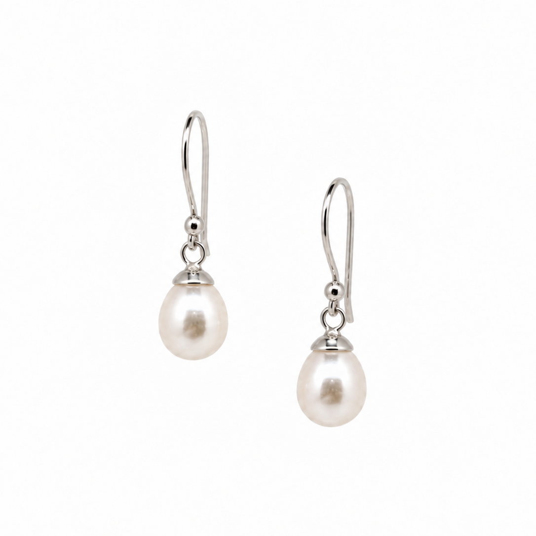 Dainty Drop White Pearl Earrings Silver with white pearls and sterling silver hooks by Lush Designs Australia