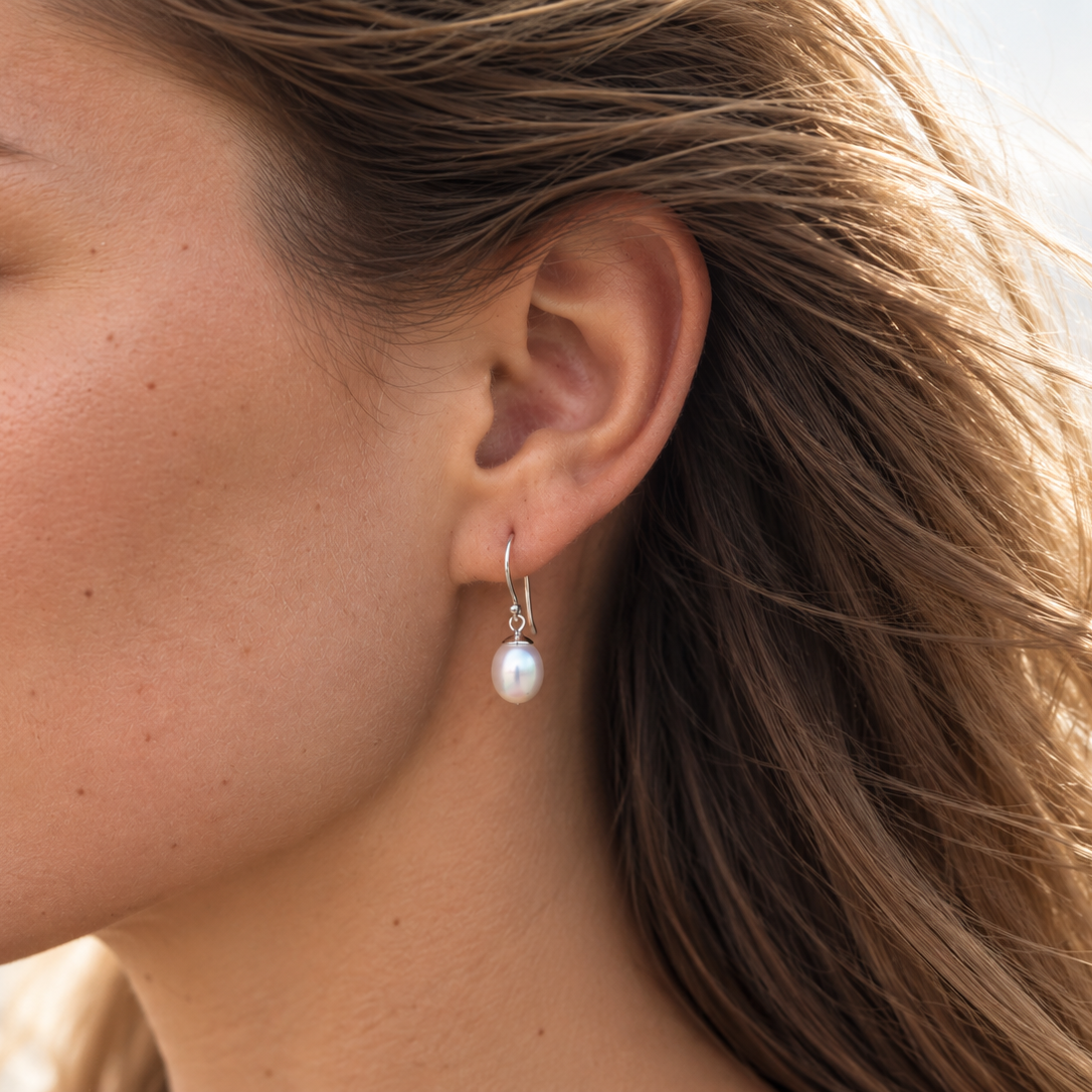 Dainty Drop White Pearl Earrings Silver with white pearls and sterling silver hooks by Lush Designs Australia