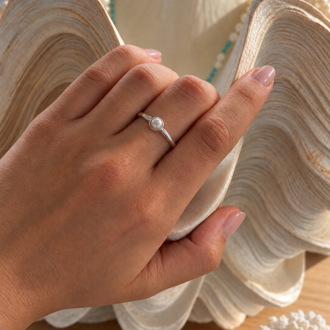 Dainty Glow Pearl Ring Silver with freshwater pearl set in sterling silver – Lush Designs Jewellery Australia