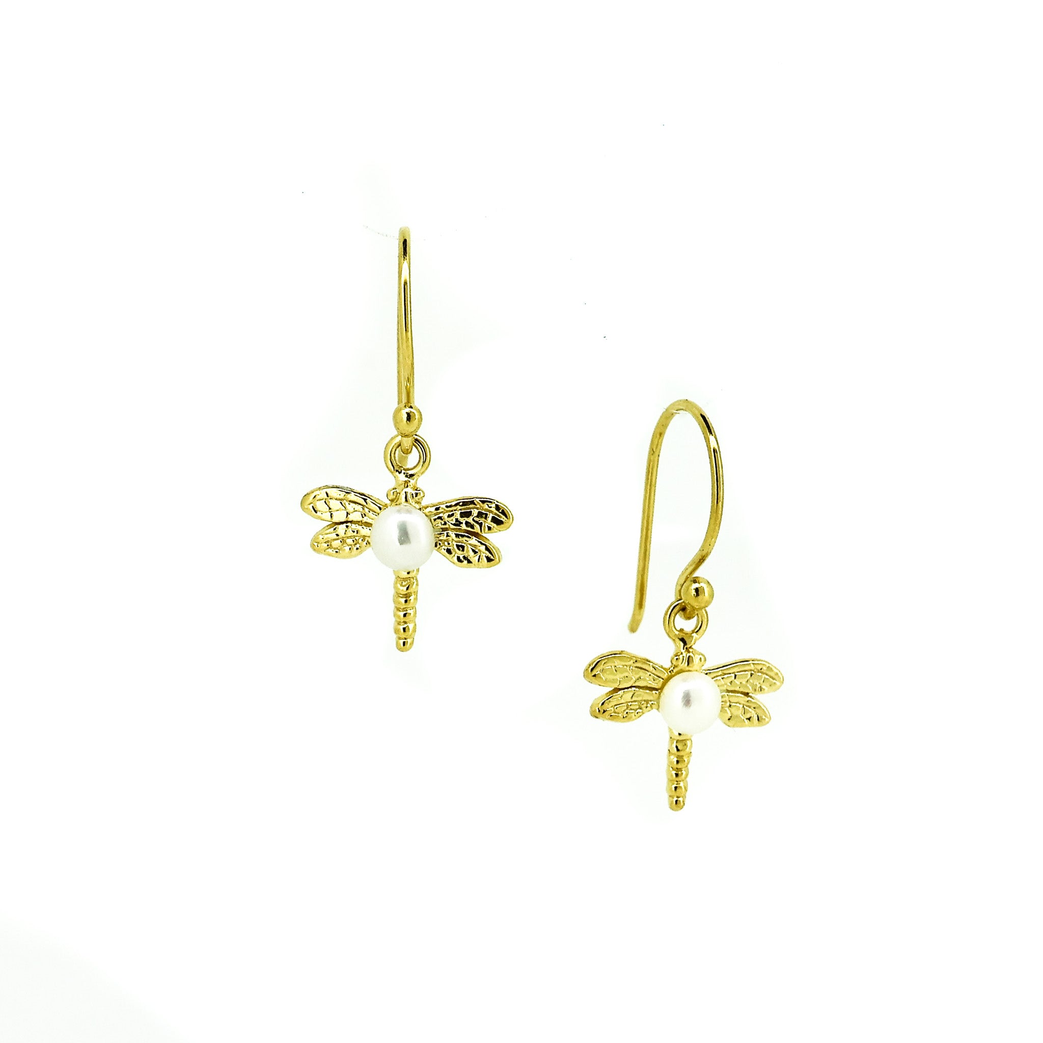 Gold Dragonfly earrings with a pearl 