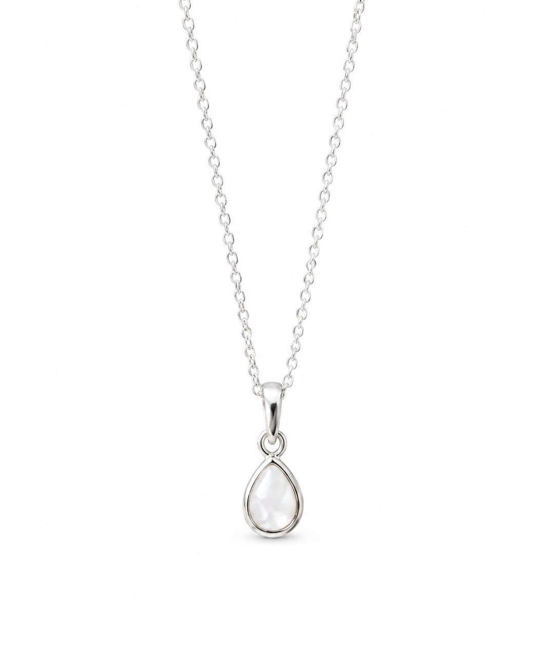 Dew Drop Mother of Pearl Pendant in sterling silver featuring a genuine mother of pearl teardrop gemstone on a fine silver chain.