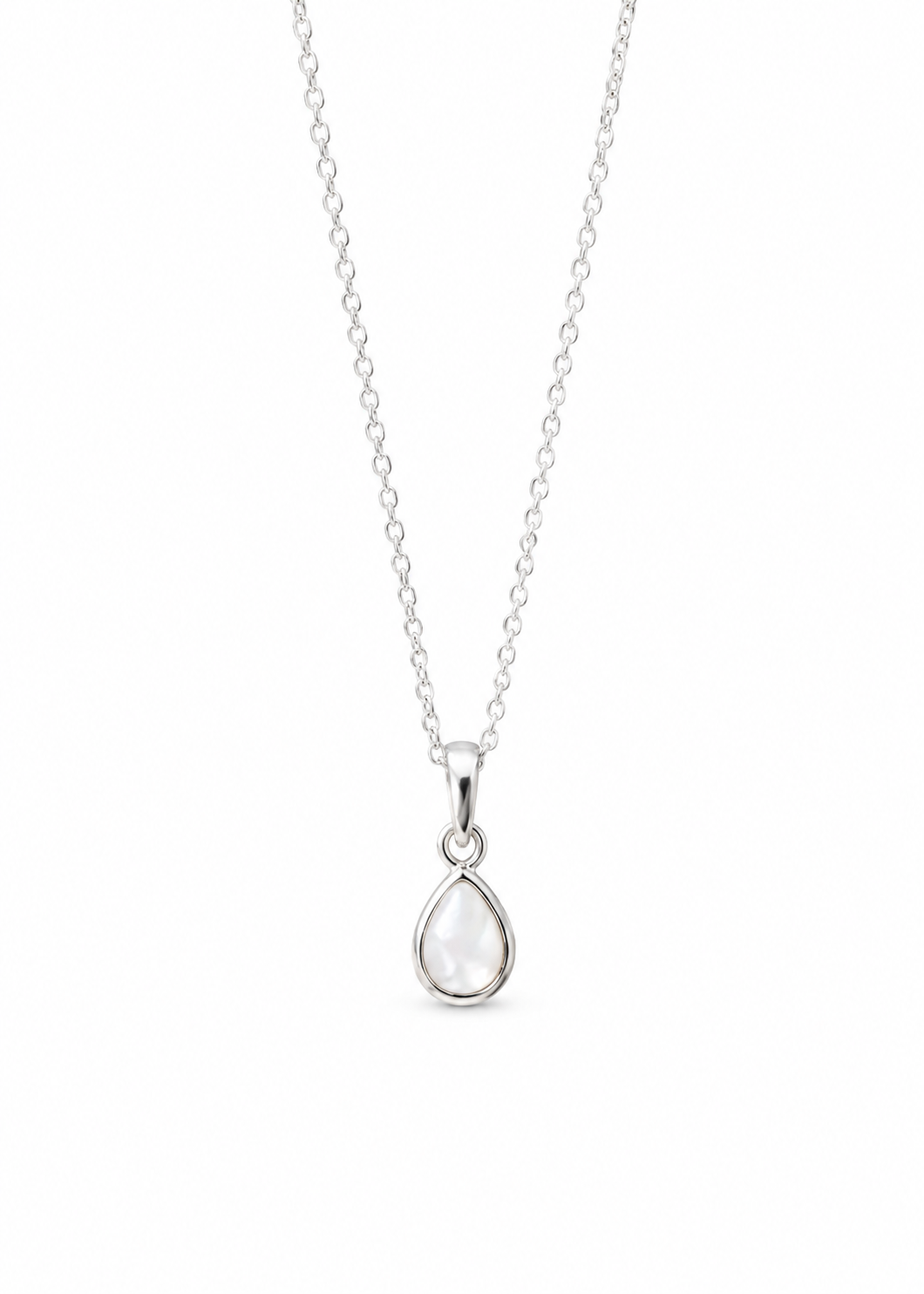 Dew Drop Mother of Pearl Pendant in sterling silver featuring a genuine mother of pearl teardrop gemstone on a fine silver chain.