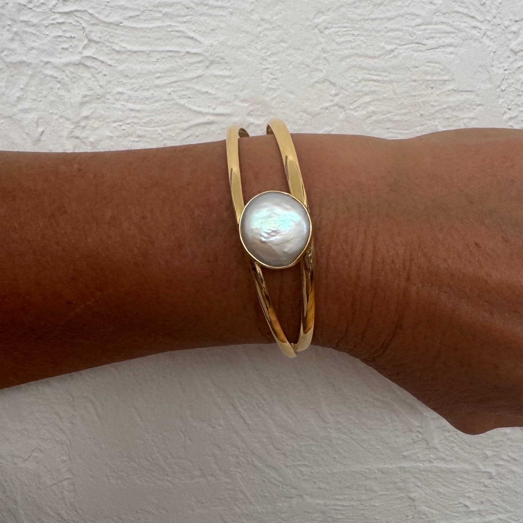 elegant bold pearl cuff in gold vermeil designed in Broome Western Australia