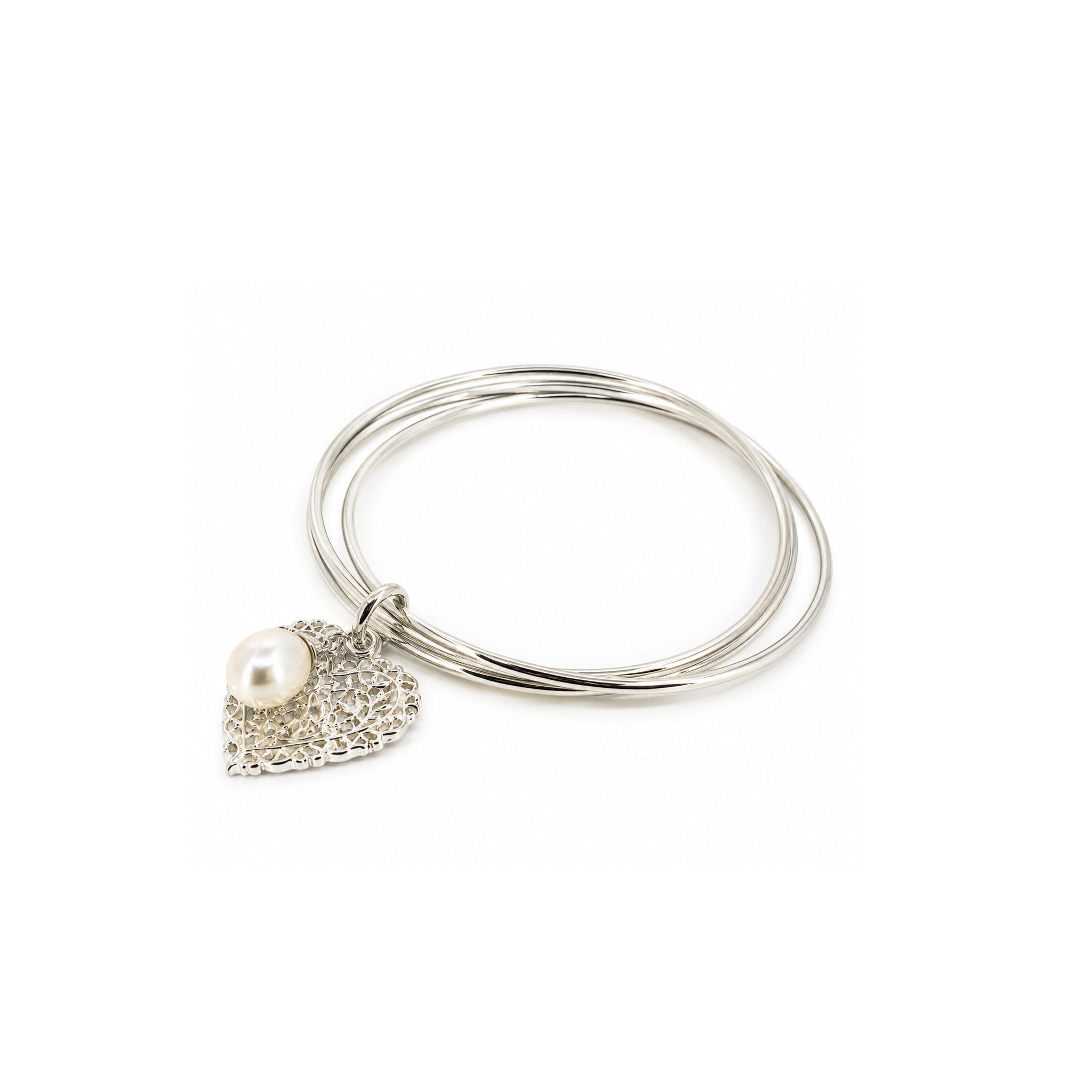 silver bangle with heart and pearl charm