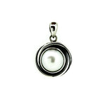 silver pendant with central pearl with swirls of silver reminscent of a sunset