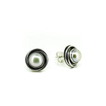 Gantheaume Sunset Studs – 9mm pearl earrings with sterling silver swirl design inspired by Broome sunsets