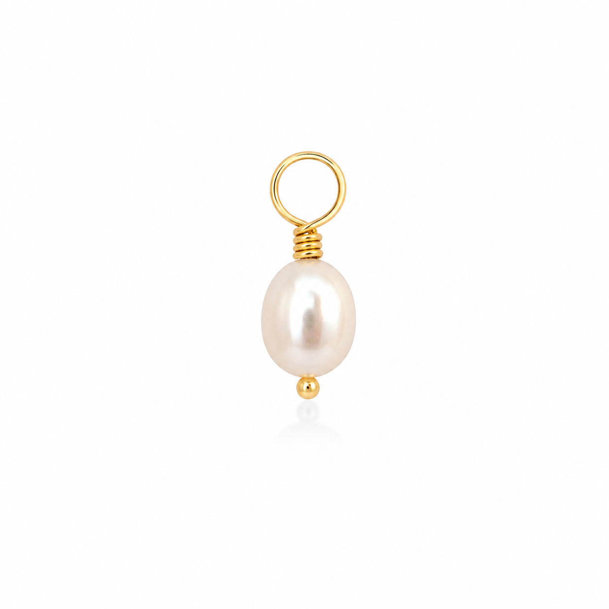 A single gold pendant charm featuring a freshwater pearl with a gold ring loop at the top and a small gold bead at the bottom