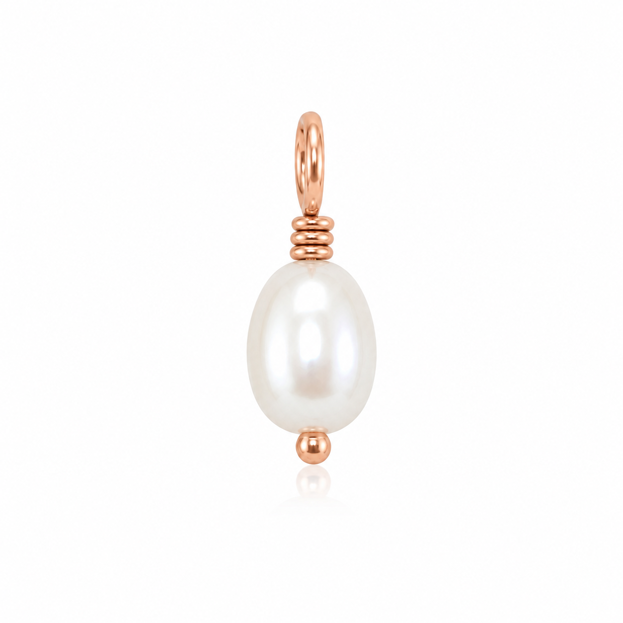 A rose gold pendant featuring a single white freshwater pearl suspended in a delicate spiral wrap setting with a small top loop.