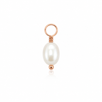 A rose gold pendant charm featuring a single white baroque pearl suspended from a matching rose gold loop with a small accent bead below