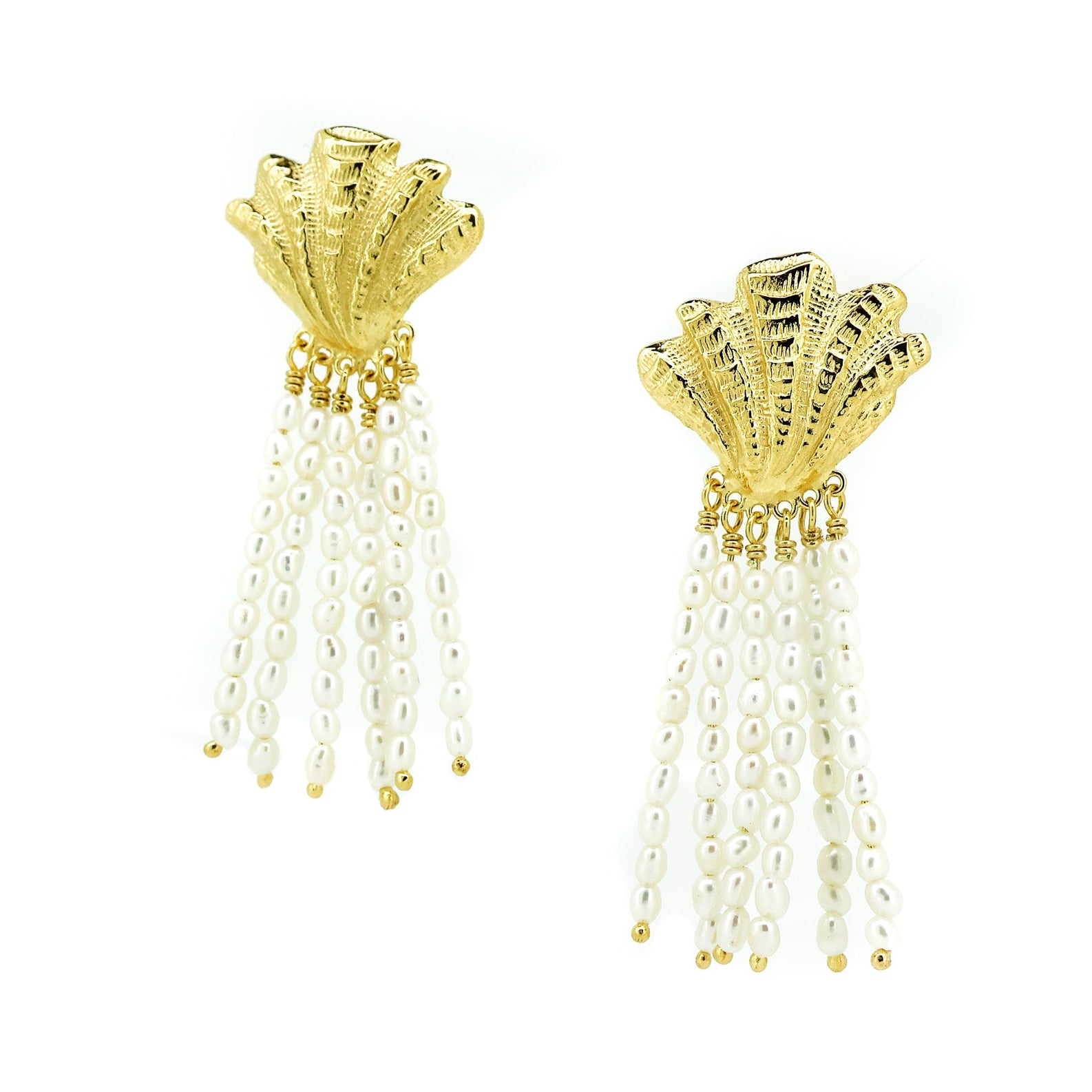 Gold shell pearl cascade earrings freshwater rice pearl tassel