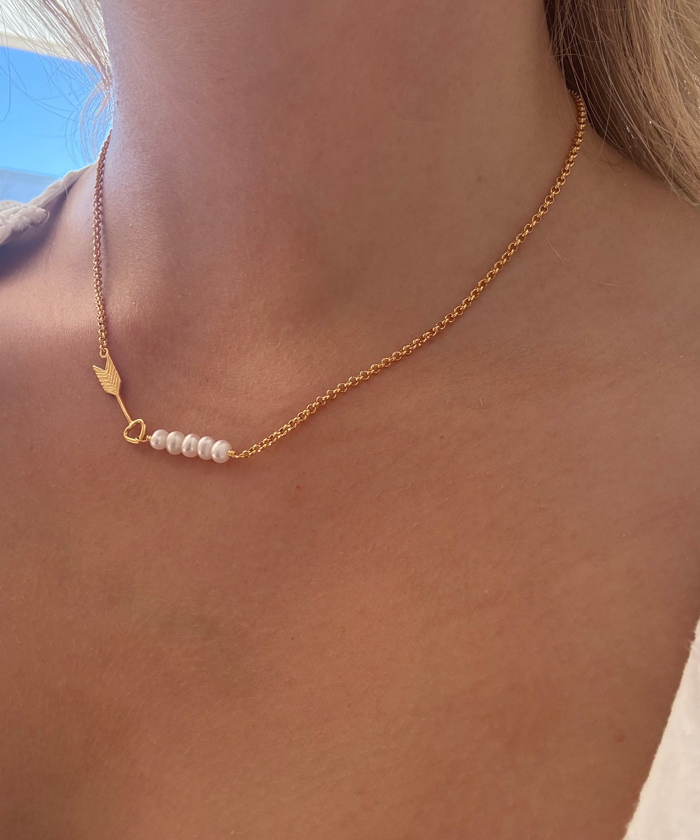 Pearl Tide Arrow Necklace in gold vermeil with genuine freshwater pearl designed by Lush Designs Jewellery Australia