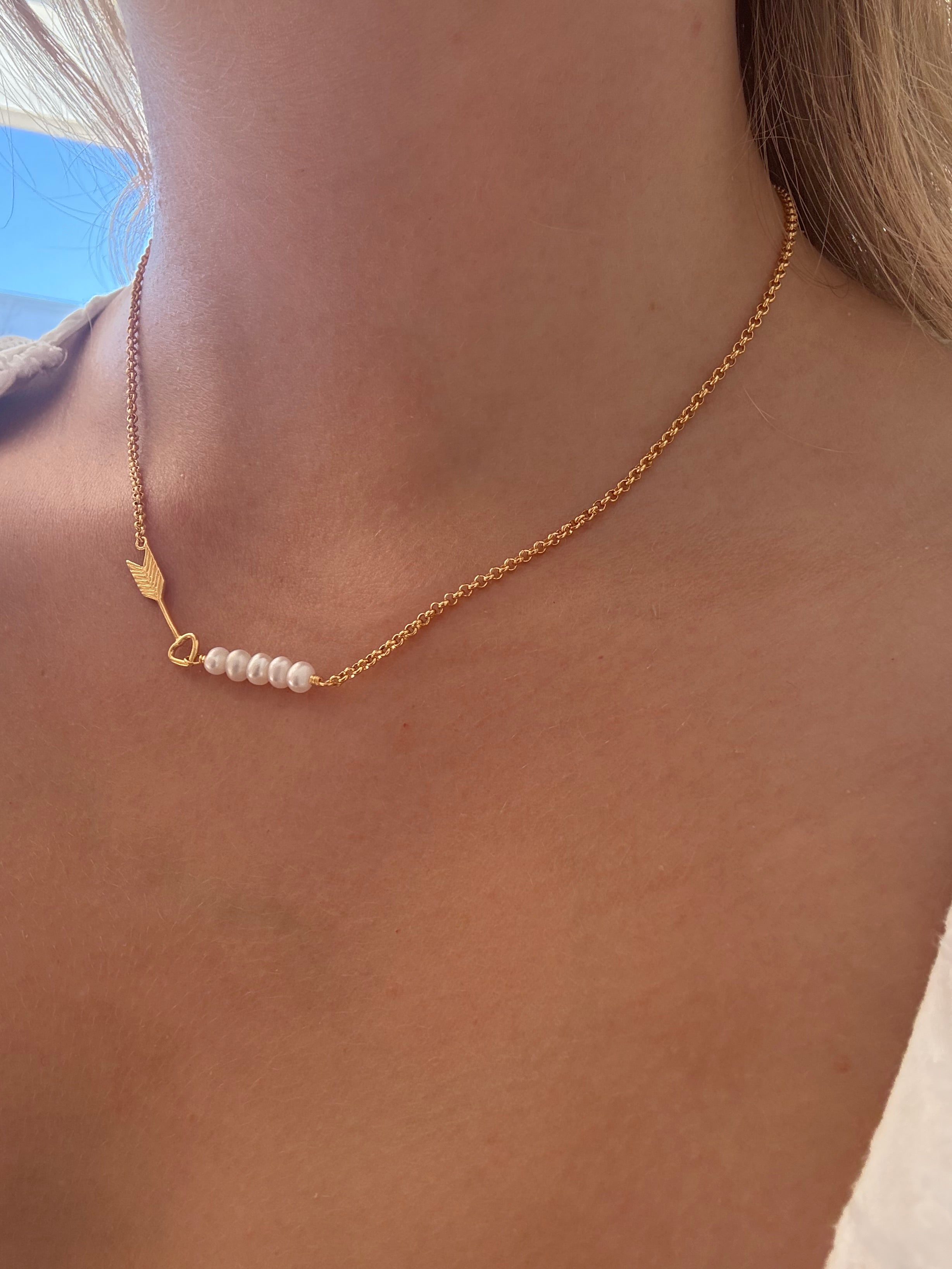 Pearl Tide Arrow Necklace in gold vermeil with genuine freshwater pearl designed by Lush Designs Jewellery Australia