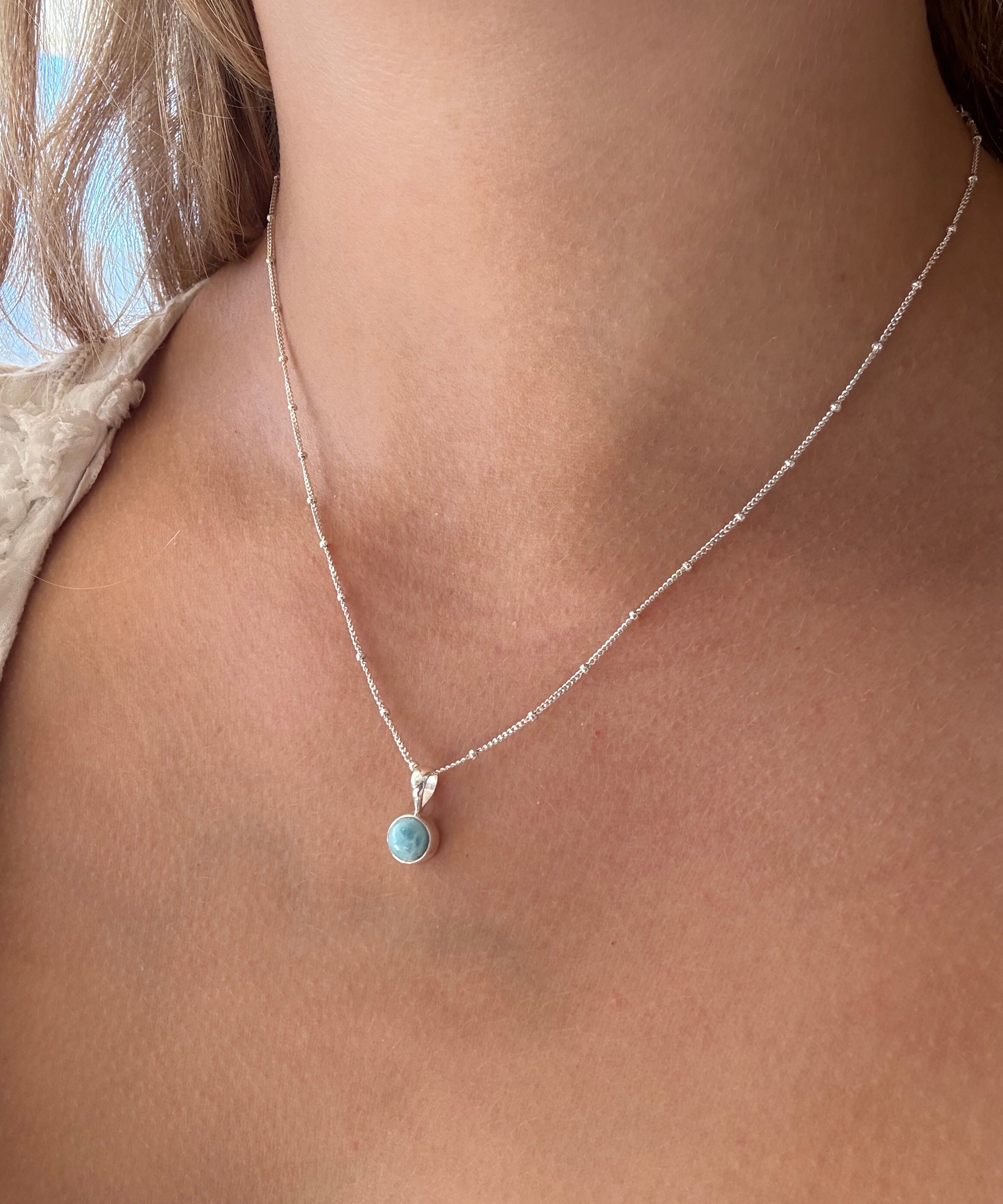 Silver Shores round larimar pendant on a dainty sterling silver chain by Lush Designs Jewellery Australia